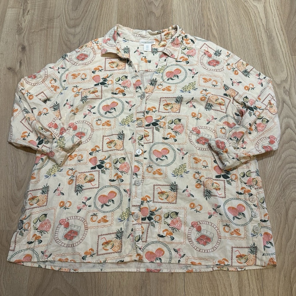 Cynthia Rowley Linen Blend Tunic Top Blouse Women 1X Peach Floral Print Resort